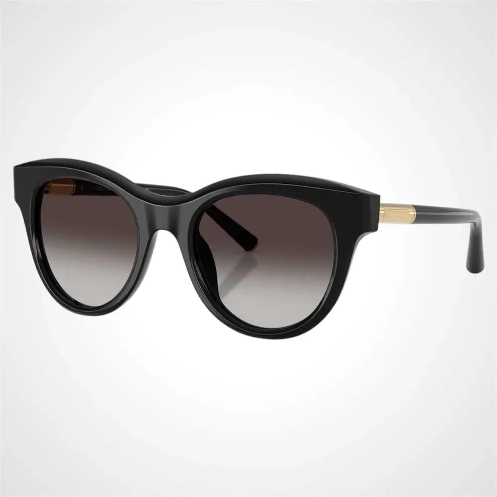 New Dolce & Gabbana Black Round Sunglasses New Gold Metal Logo 52-21-145